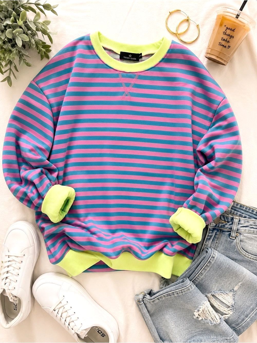 Trendy Queen XL Striped Oversized Sweatshirt Pink Teal Lime Dopamine KIdcore